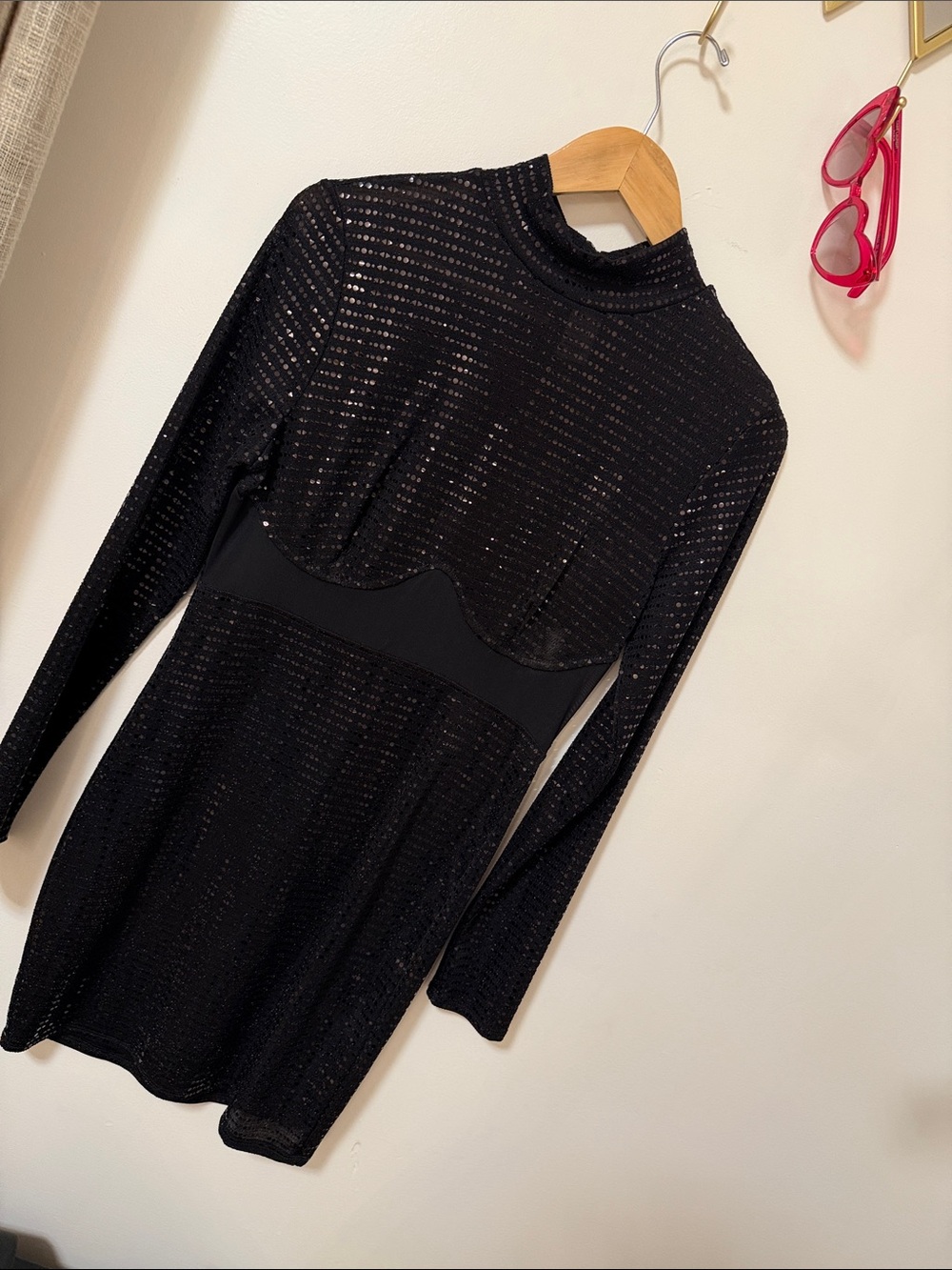 FASHION NOVA NWT Long Sleeve Black Sequin Mini Dress with Mock Neck